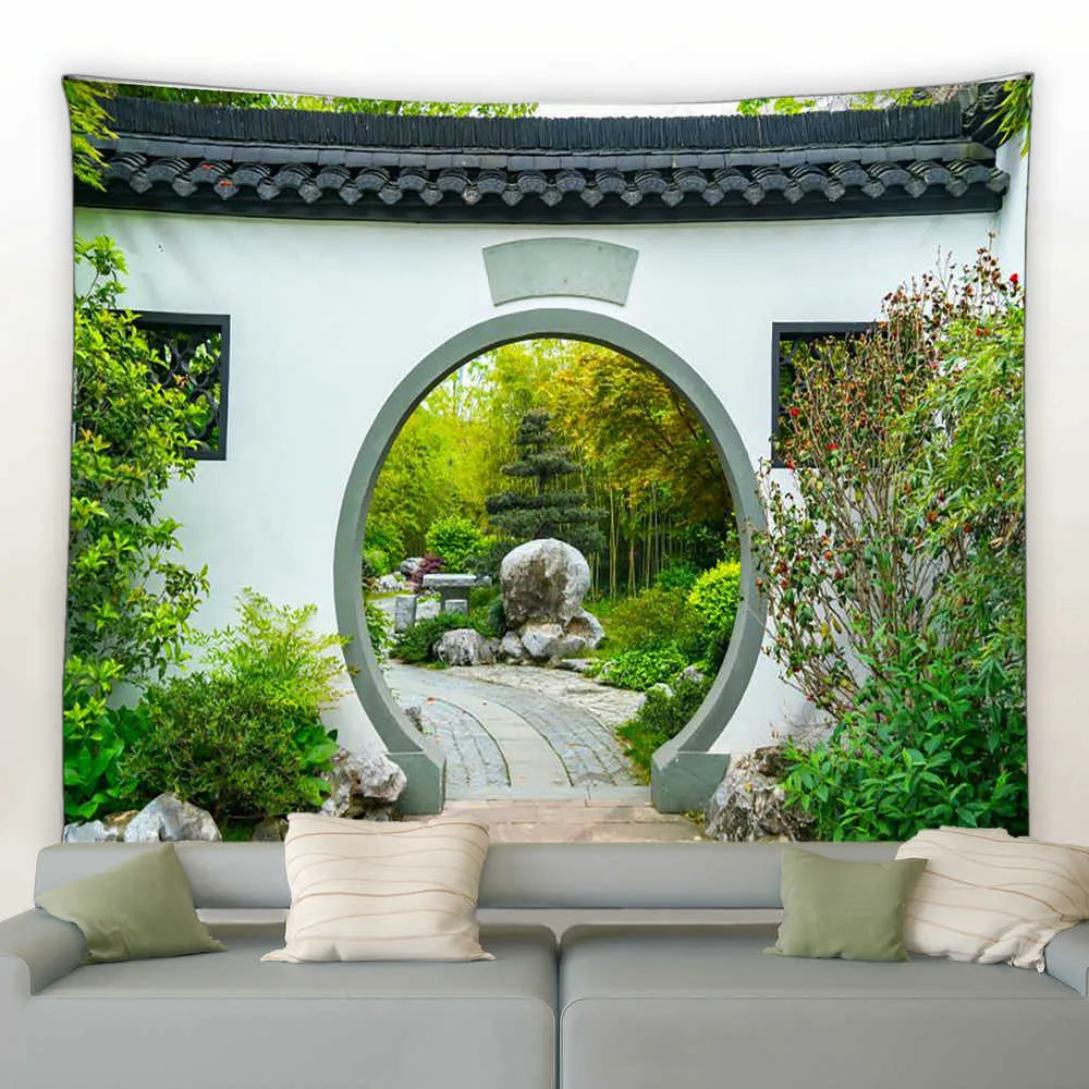 Wandtapijten Chinees Natuurlijk Landschap Wandtapijt Retro Stijl 3D Boogdeur Groene Bamboe Muur Hangende Wandtapijten Moderne Achtergrond Decor Deken