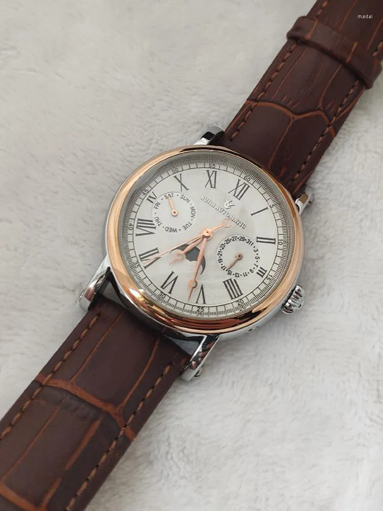 Relógios de pulso vintage relógio automático Men 39mm estilo retro mecânico de aço inoxidável calendário fase de fase Relógio Rulli 1963 Homening