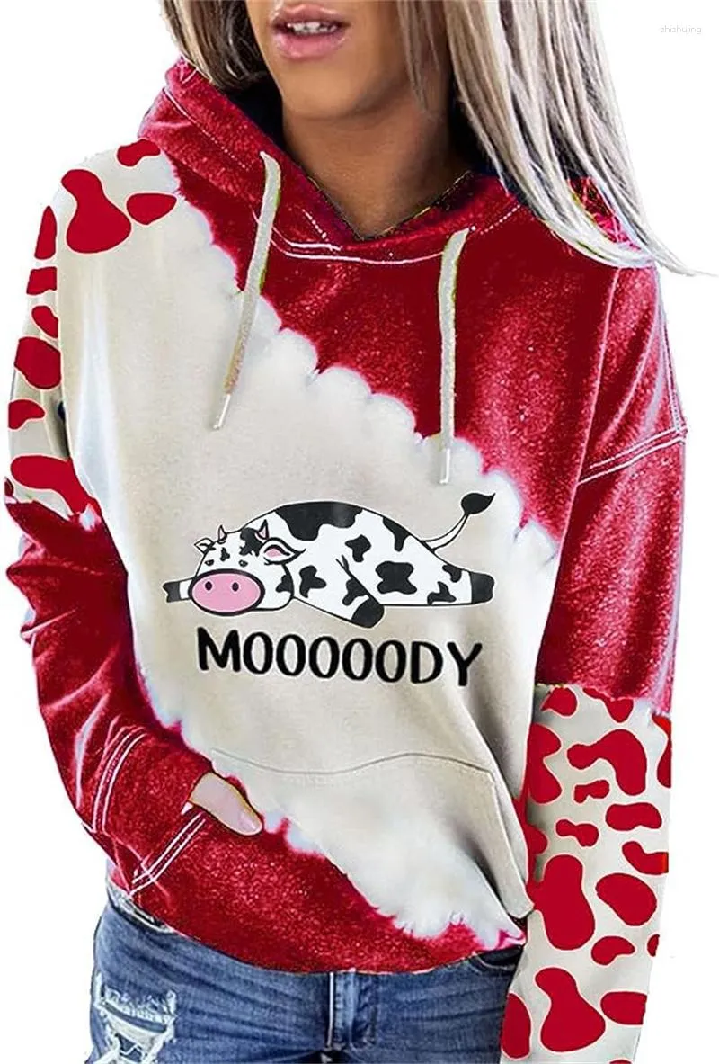 Kevazingo Womens 3D Printed Cow Red Hoodie Women With Pull Rope