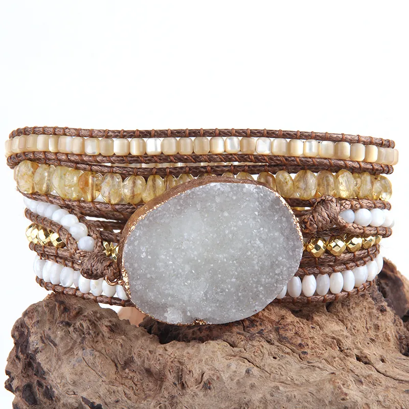 Bracelets de charme RH Fashion Boho Bijoux Bracelet en perles Big White Druzy Stone 5 Strands Wrap Dropship 230814