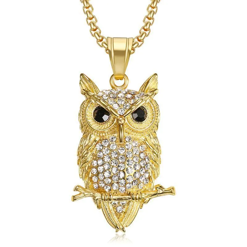 Hänghalsband Hip Hop Iced Owl Pendant Necklace For Women Gold Color rostfritt stål Animal Bling AAA CZ Halsband Kvinnesmycken 230814