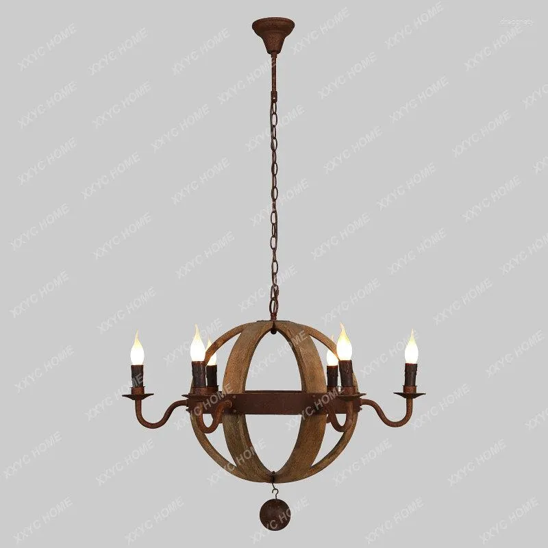 Pendant Lamps Retro Solid Wood Wrought Iron Industrial Style Chandelier Villa Living Room Stairs Decorative