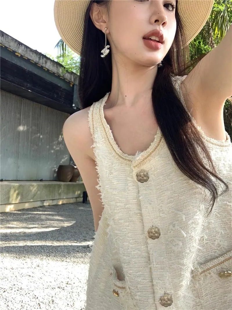 Casual Dresses Thin Tweed Tassel Design Fit Summer Mini Dress With Pocket Button Up A-Line Women Korean Clothes Y2k Cute Elegant Luxury