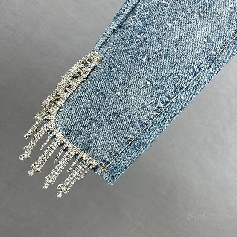 Rhinestone Tasseled Mother Denim Jeans High Waist, Elastic Rhinestone Tasseled Mother Denim Jeans High Waist, Elastic