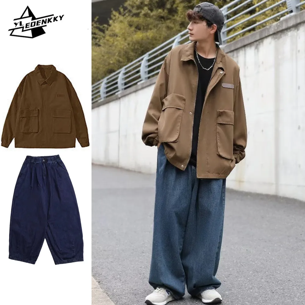 Men s Tracksuits Korean Set Men Women Spring Autumn Big Pocket Cargo Jacket Japanese Vintage Wide leg Denim Bloomer Pants Takamachi Harajuku Suit 230814