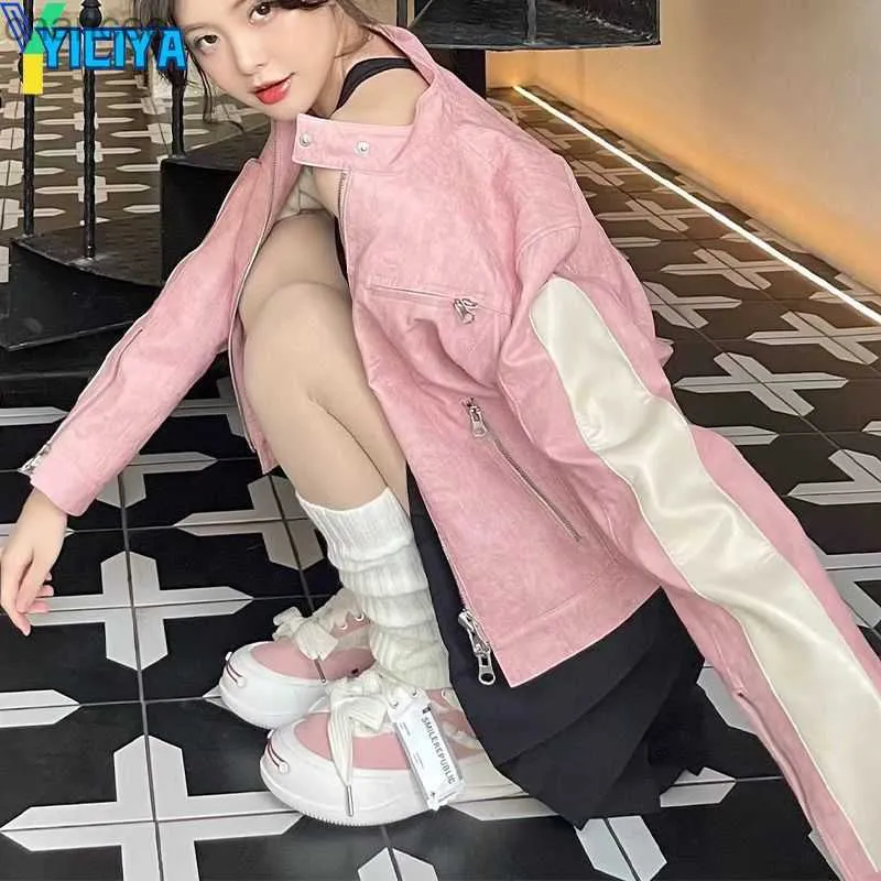 Yiciya Jacket Bomber Women Varsity New Outerwear Jackets Pink Y2K Vintage Racing American Baseball Jacket 2023 Coat Met HKD230815