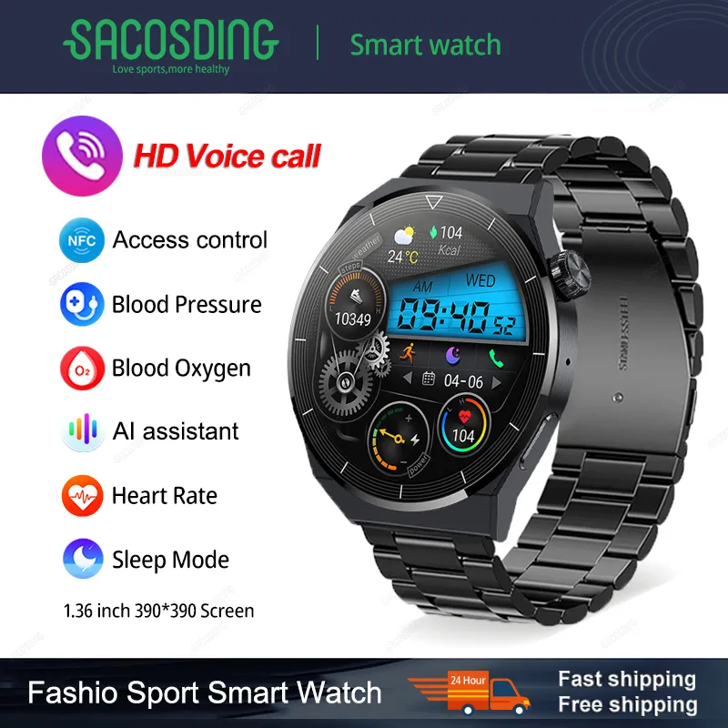 For Huawei Xiaomi NFC Smart Watch Men GT3 Pro AMOLED 390*390 HD Screen