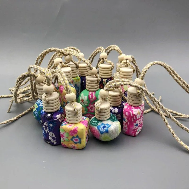 10ml-15 ml Polymer Clay Keramik ätherische Ölflasche Auto hängende Dekoration Auto Zuhause Hängeseil leer Parfümflasche Holzdeckel Geschenk Uuvao