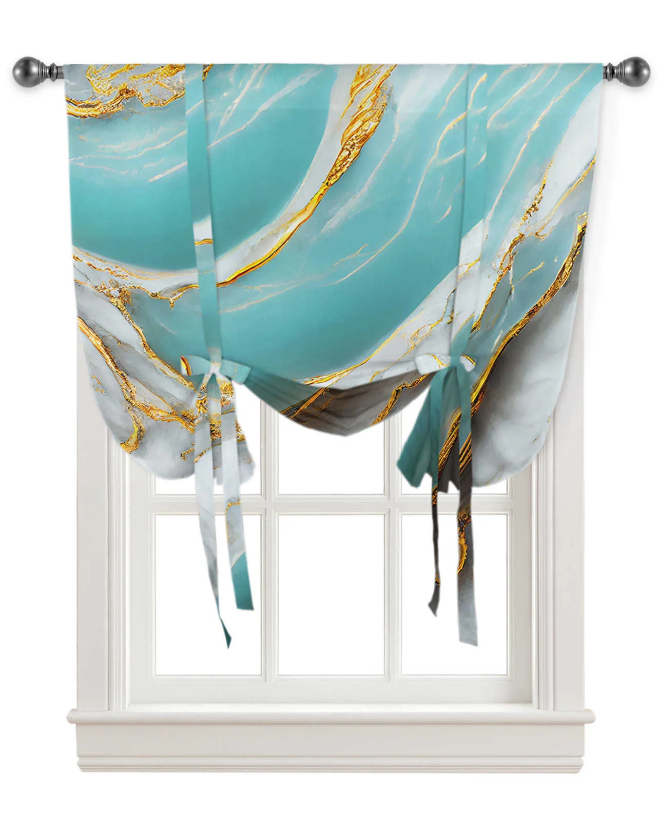 Curtain Marble Texture Aqua Curtains for Living Room Bedroom Modern Tie Up Window Curtain Kitchen Short Curtain