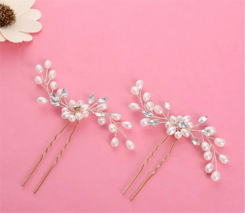 Wholesale Wedding Bridal U Pins Headpiece Pearl Hair Accessories Clip Gold Crystal Rhinestone Pieces Princess Queen Crown Tiara Jewelry