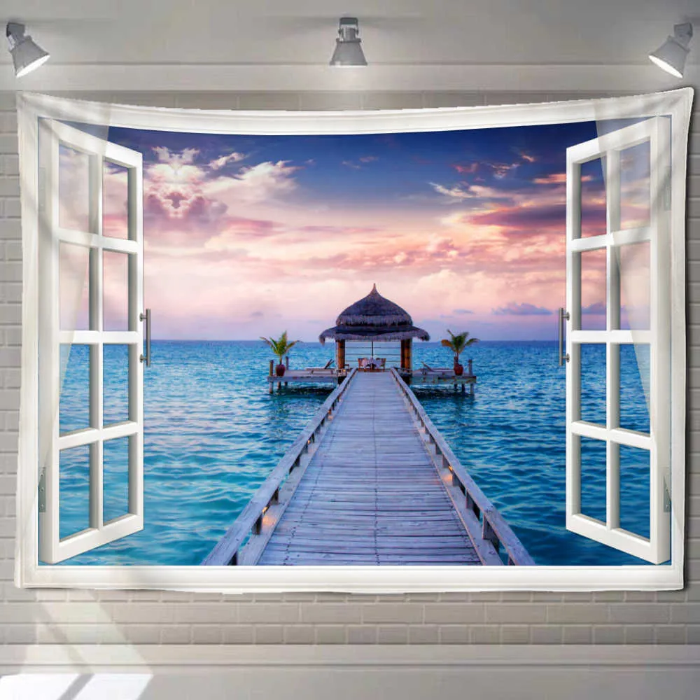 Tapices Beach Landscape Window Pintura Tapestry Wall Hippie Hippie Tapiz  Fondo De Arte Decoración Del Hogar R230812 De 13,8 € | DHgate, image size:1000x1000