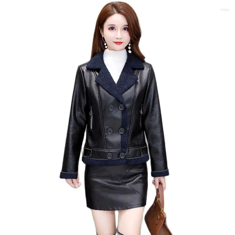 Women's Leather Women Winter Jacket With Fur Shearling Warm Coat 2023 Thick PU Slim Fit Business Work Short Top