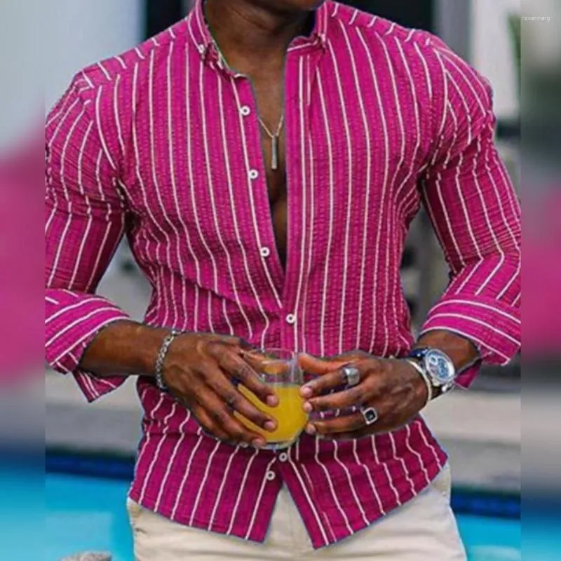 Camisas casuais masculinas Camisa única Camisa brilhante Color vertical Lappel listrado Slim Fit Single Bressot Workwear com mangas compridas por 3