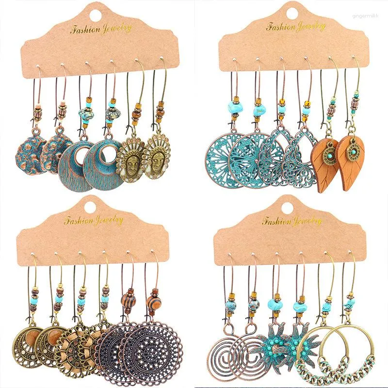 Pendientes colgantes Boho Geometría Redonda Círculo de aleación Drop para mujeres Fluja étnica Conjunto de joyas de joyería