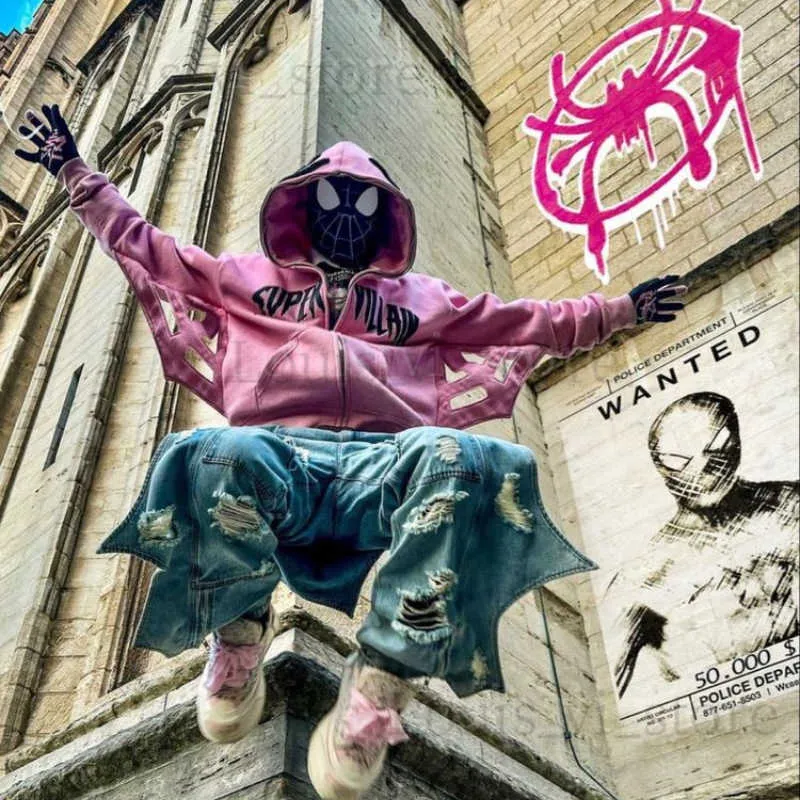 Harajuku Hip Hop Streetwear Pink Zip Up Hoodie Y2K Oversized