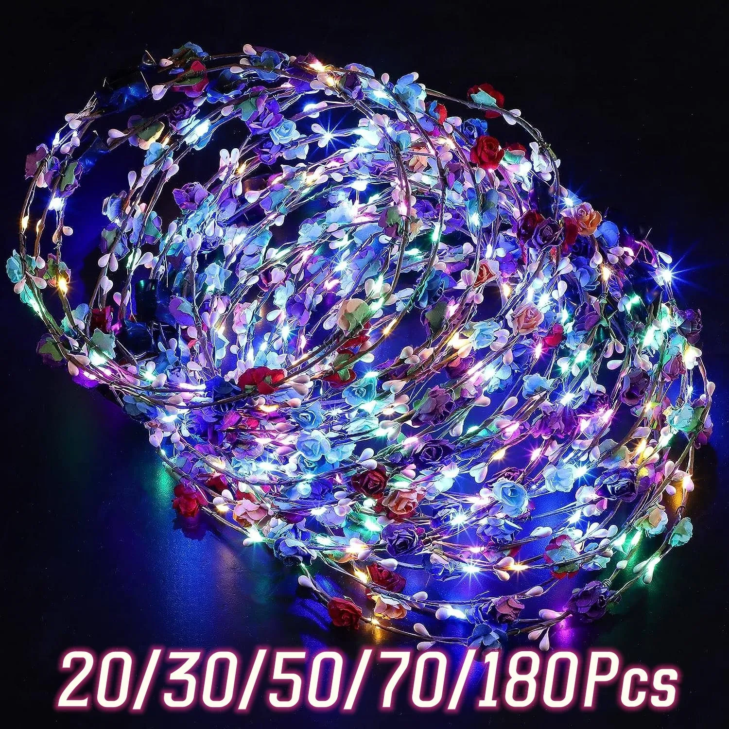 Headwear Hair Accessories 20/30/50/70/180Pcs Light up Flower Headband LED Flower Hair Crown Glowing Floral Wreath Crowns for Birthday Wedding Party Favors 230815