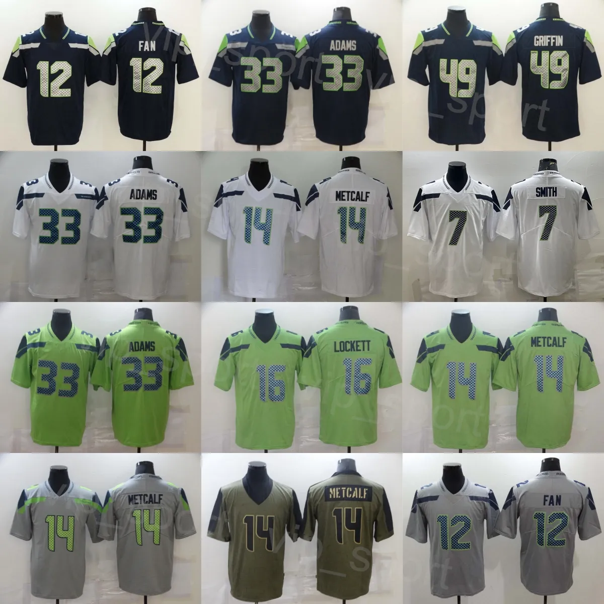 Mans Football 33 Jamal Adams Jersey 14 Dk Metcalf 7 Geno Smith 12 12th Fan 49 Shaquem Griffin 16 타일러 로켓 스포츠 팬을위한 타일러 로켓 유니폼 증기 컬러 러시 자수