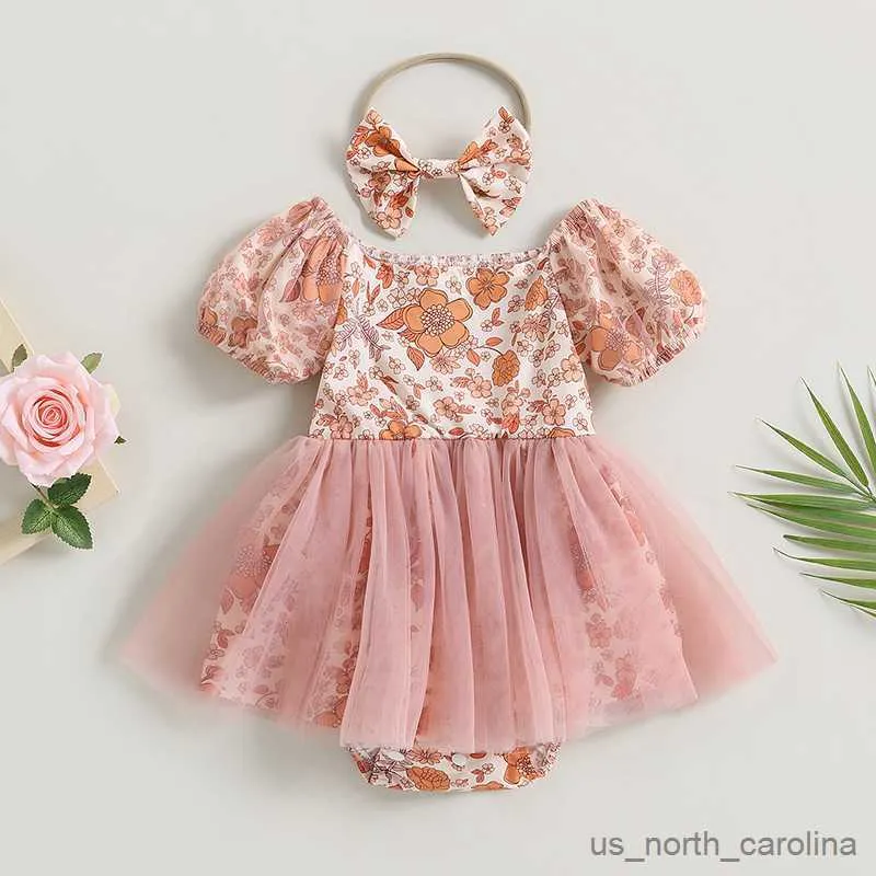 Kız Elbiseler Kız Bebek Kız Romper Elbise Çiçek Baskı Tekne Boyun Kısa Puf Kılı