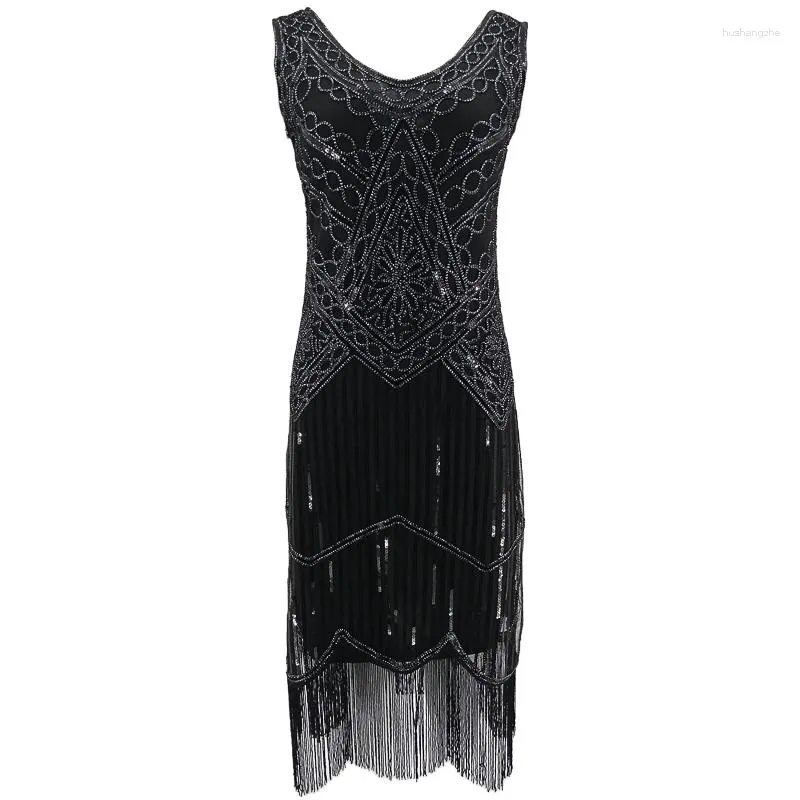 Casual Dresses Women Party Dress Robe Charleston 1920s Great Gatsby Flapper Sequin Fringe Midi Vestido Summer Retro Black Evening