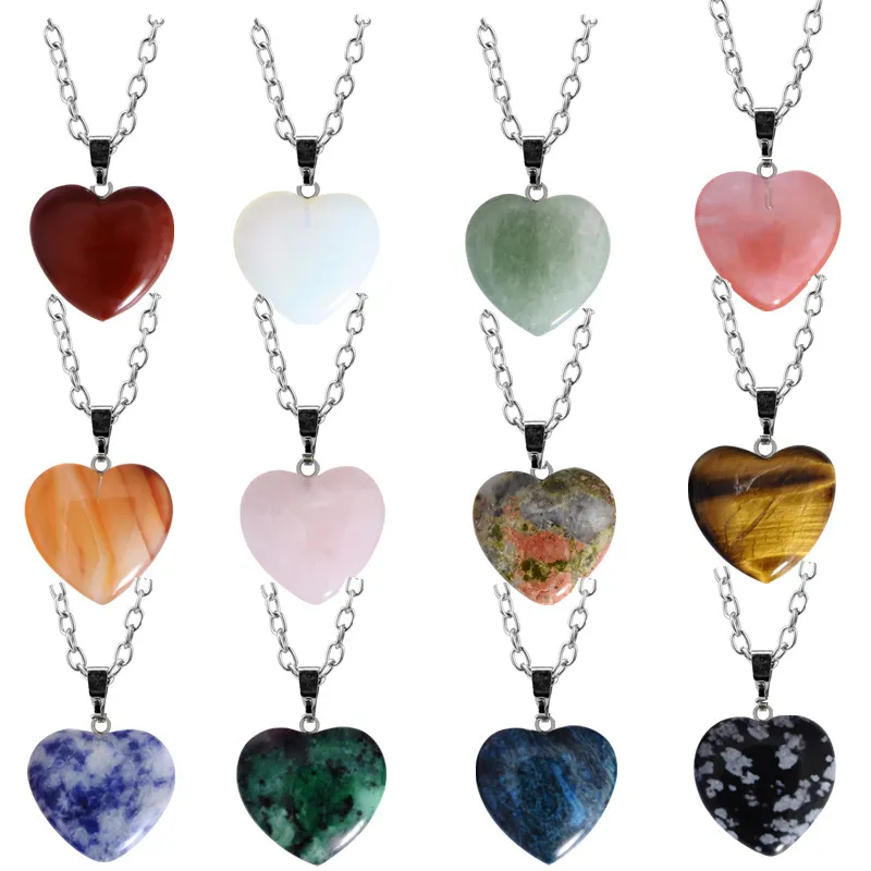 Natural Crystal Stone Pendant Necklace Creative Heart Shaped Gemstone Necklaces Pink Crystal Fashion Accessory Gift With Chain 20MM 25MM