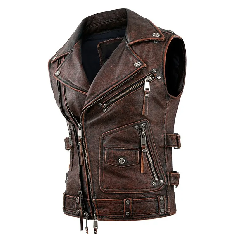 Men's Jackets Vintage Brown Motorcycle Vests Men Natural Cowhide Genuine Leather Jacket Sleeveless Riding Vest Motor Biker 230814