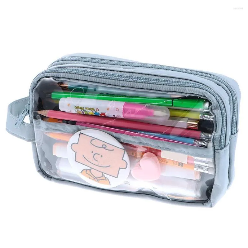 Stor kapacitet gåvor kvadrat kosmetisk lagringsmakeup nät blyertsfodral stationer transparent penna väska