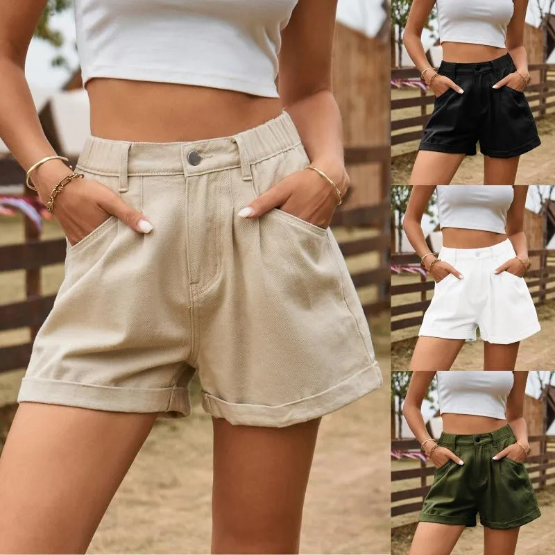 Damenshorts Sommer vielseitig lässige Feste Farbe Elastic Taille Tasche Denim Hautpflege Short de Muje