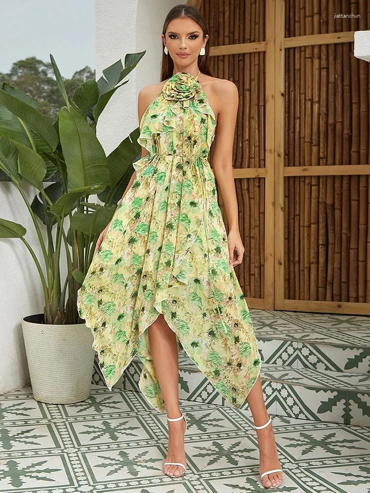 Casual Dresses Summer Floral Printed Backless Long Dress Women Green Halter Lace-up Irregular Ruffles Slim Tie Flower Club Party Evening