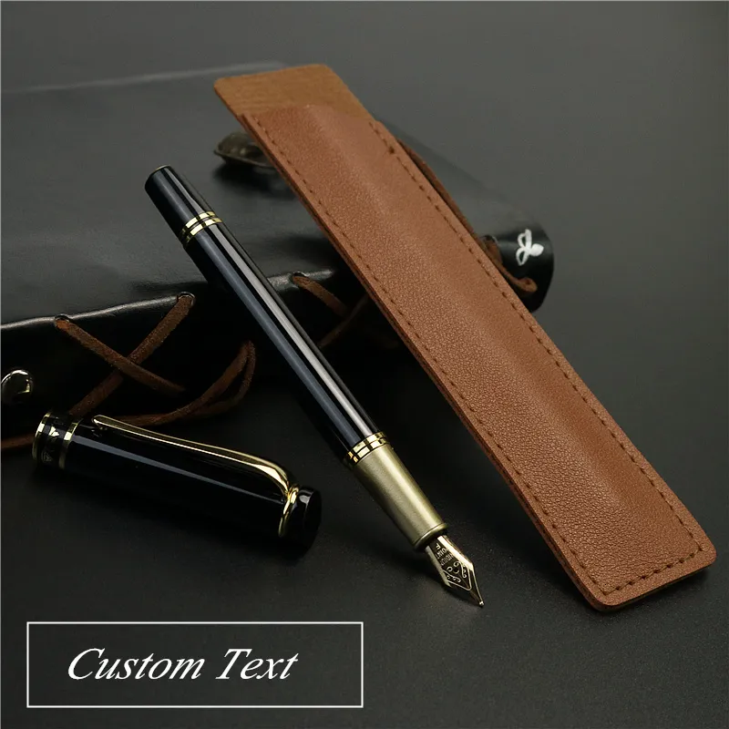 Fountain Pens Custom Text Pen med utsökt läderpennor Nej Ink i pennguldtexten Högkvalitativ tips 230814