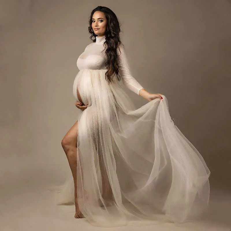 Hög nacke stretchy mesh moderskapsfotografering tyllklänning full ärm se genom graviditet mesh maxi klänning för fotoshoot