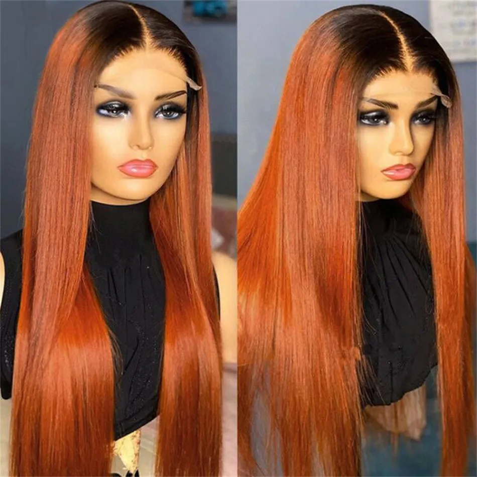 1b/pomarańczowy imbir proste włosy 13x4 HD 220%gęstość koronkowa peruka czołowa Ombre ludzkie włosy Peruki 4x4 Koronkowe zamykanie kolorowe peruki dla czarnych kobiet