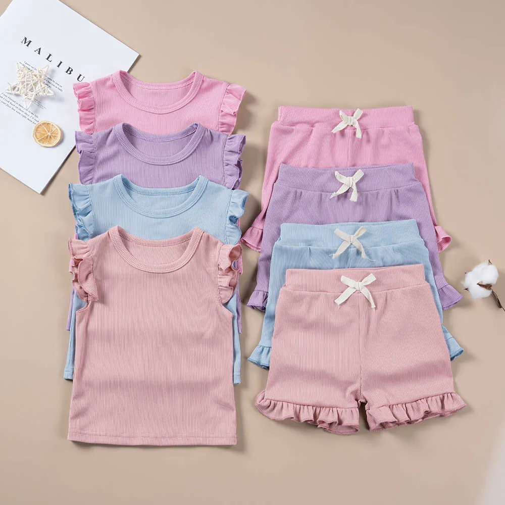 Kleidungssets Sommer Kleinkind Mädchen Ärmel 2-teiliges Set ärmellose T-Shirts Top und Shorts Outfit für Kinder Mädchen solide Anzugkleidung