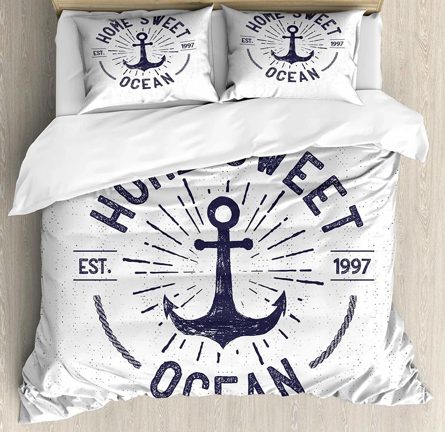 Set di biancheria da letto anchor di copertura del piumone set di lettere oceaniche di casa su uno schizzo nautico con sfondo logoro decorativo a 3 pezzi set di biancheria da letto 230814