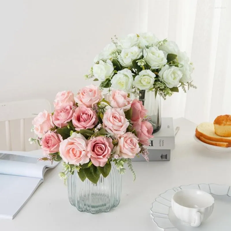 Fiori decorativi 5 teste di seta rosa nozze di bouquet decorazioni natalizie vaso per accompagnamento floreale rifornimento artificiale