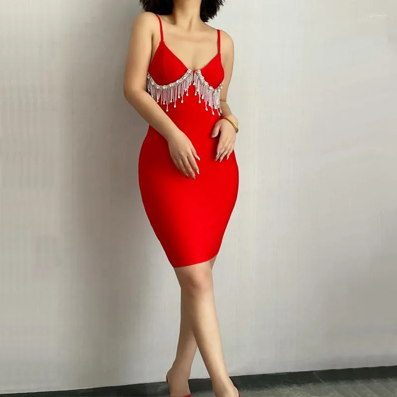 Casual Dresses Wholesale Women's Dress Black Red Spaghetti Strap Rhinestone V-Neck Sexig Celebrity Cocktail Party Bandage