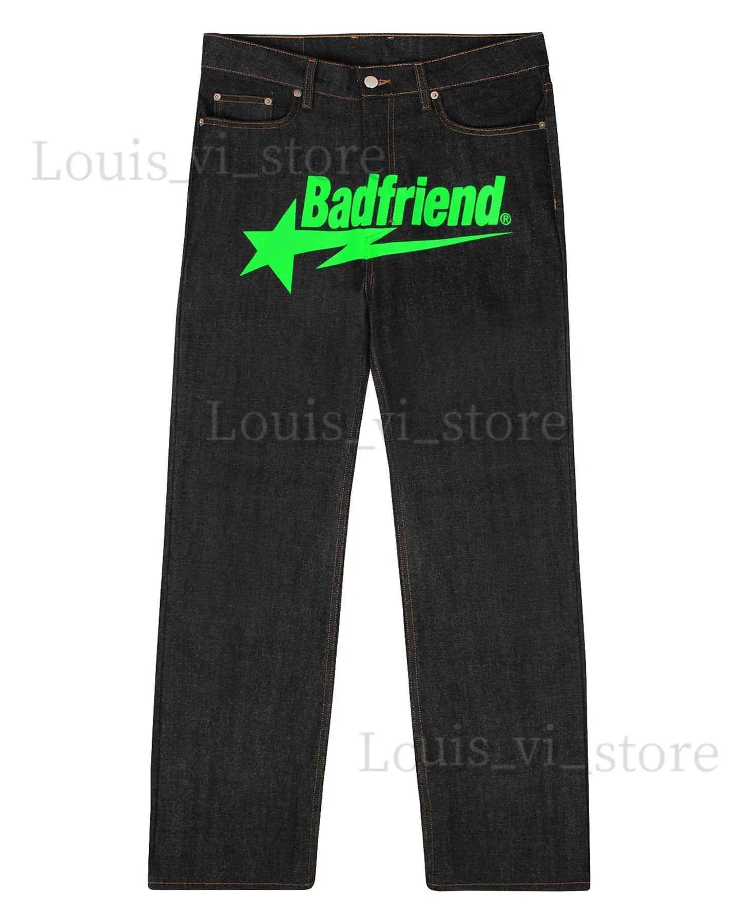 Y2k Jeans da uomo Badfriend Jeans Hip Hop Stampa di lettere Pantaloni neri Uomo Donna Nuova moda Casual Rock Pantaloni larghi con piede largo Streetwear 478