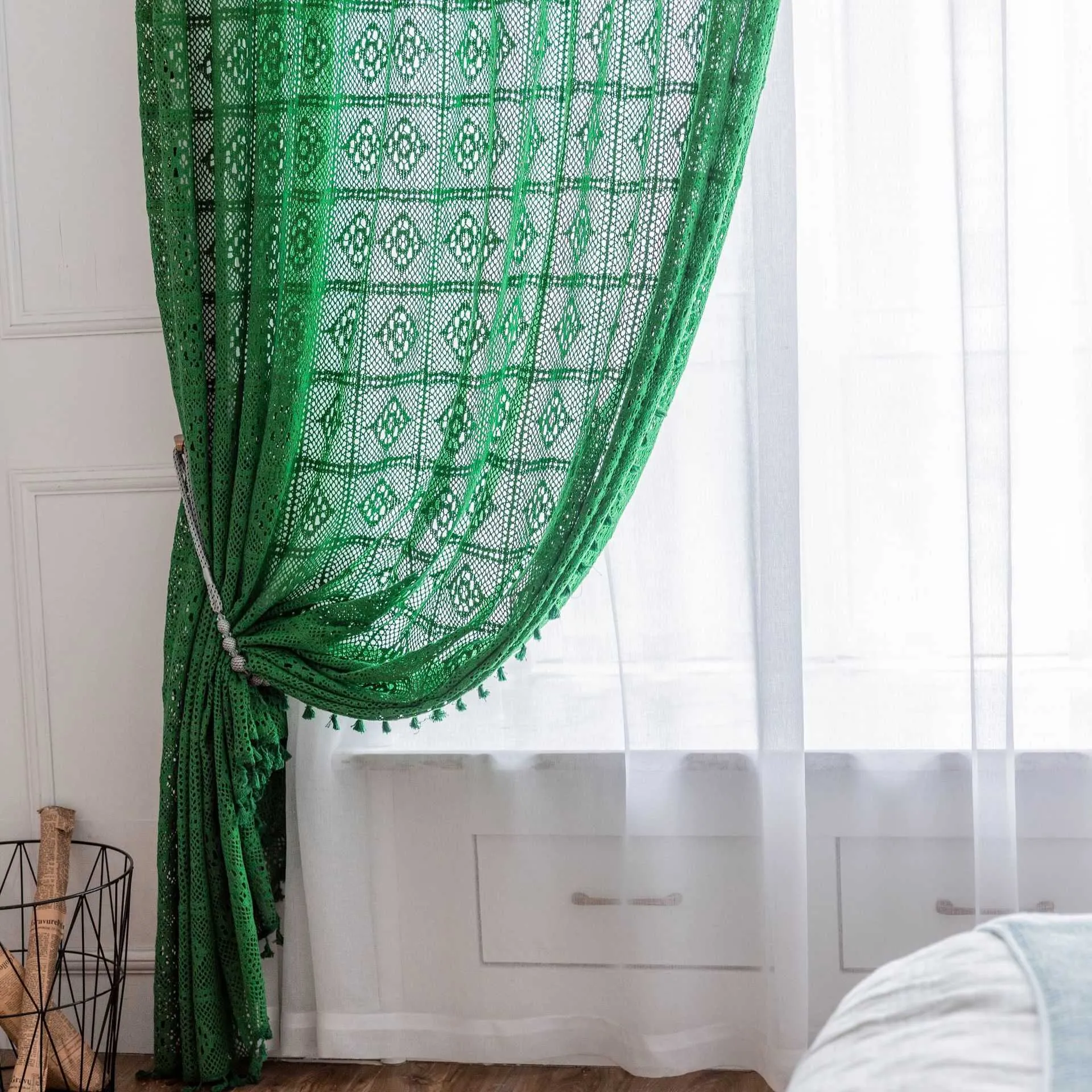 Curtain Nordic Green Crochet Curtains for Living Room Bedroom Floral Knitting Curtain Drapes Screen for Windows Treatment Decoration