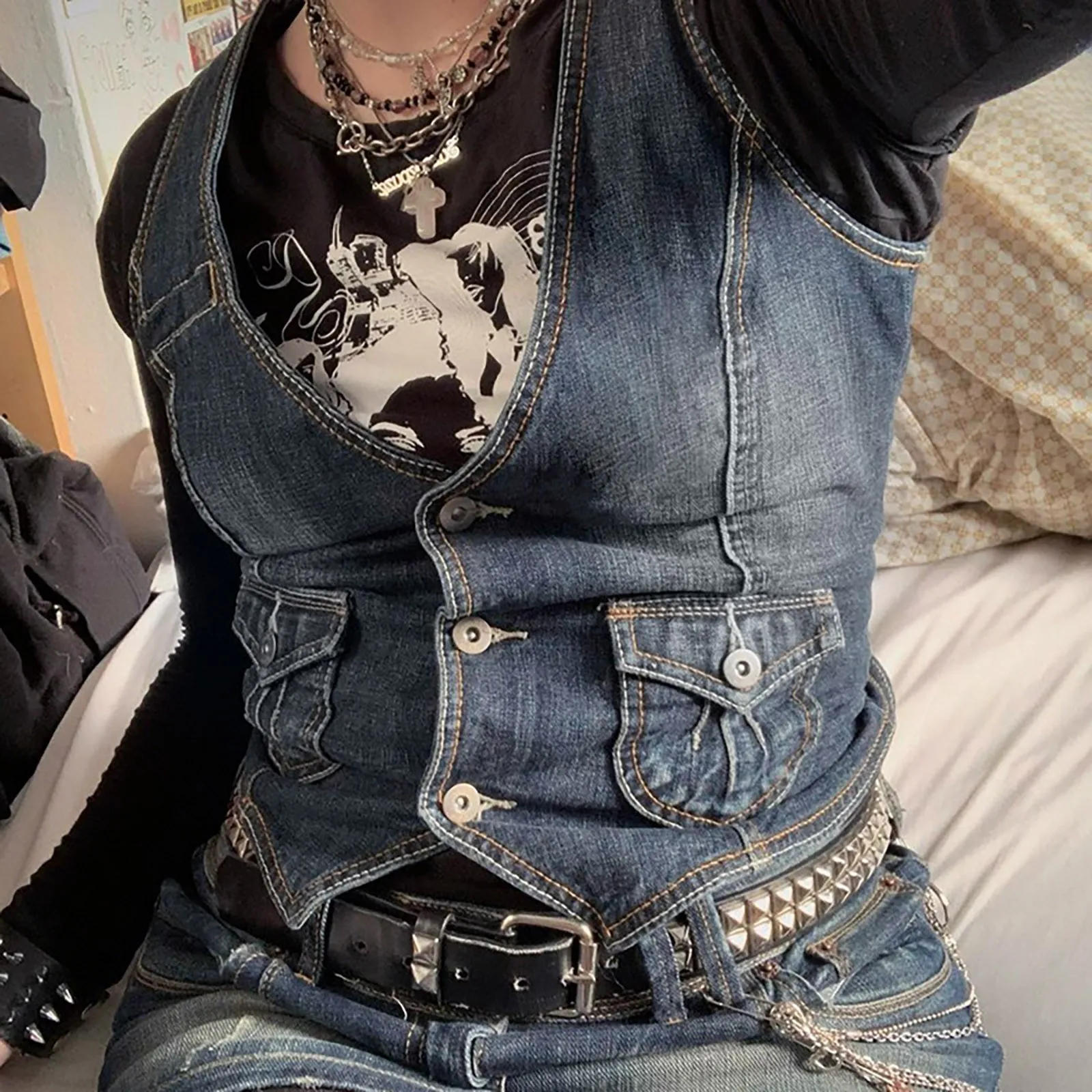 DHgate.com:Denim Corset Vest | Y2K Vintage Streetwear Button