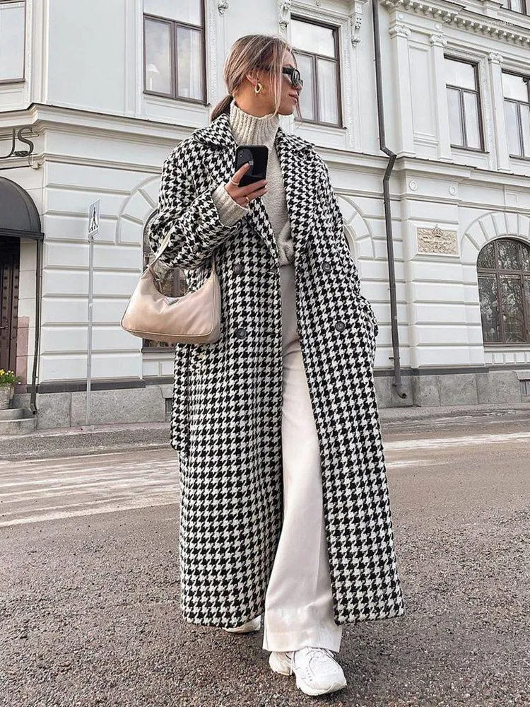 Trench da donna Capo da donna Houndstooth invernale Donne Women Coat Giacca di moda di fascia di fascia di fascia alta Classica Black Bianco Bianco Over soprabito caldo