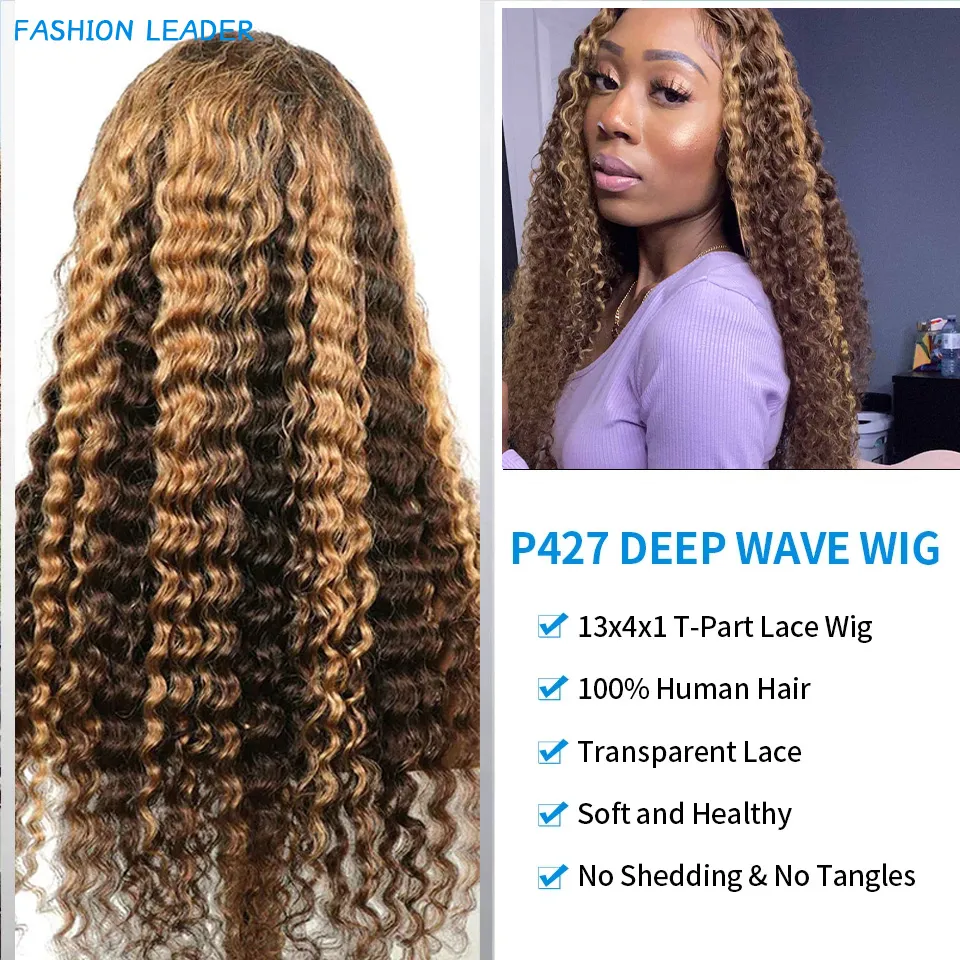 Highlight Wig Human Hair Deep Wave Frontal Wig 220%density T Part Ombre Transparent Lace Front Wig Curly Human Hair Wig 30 Inch