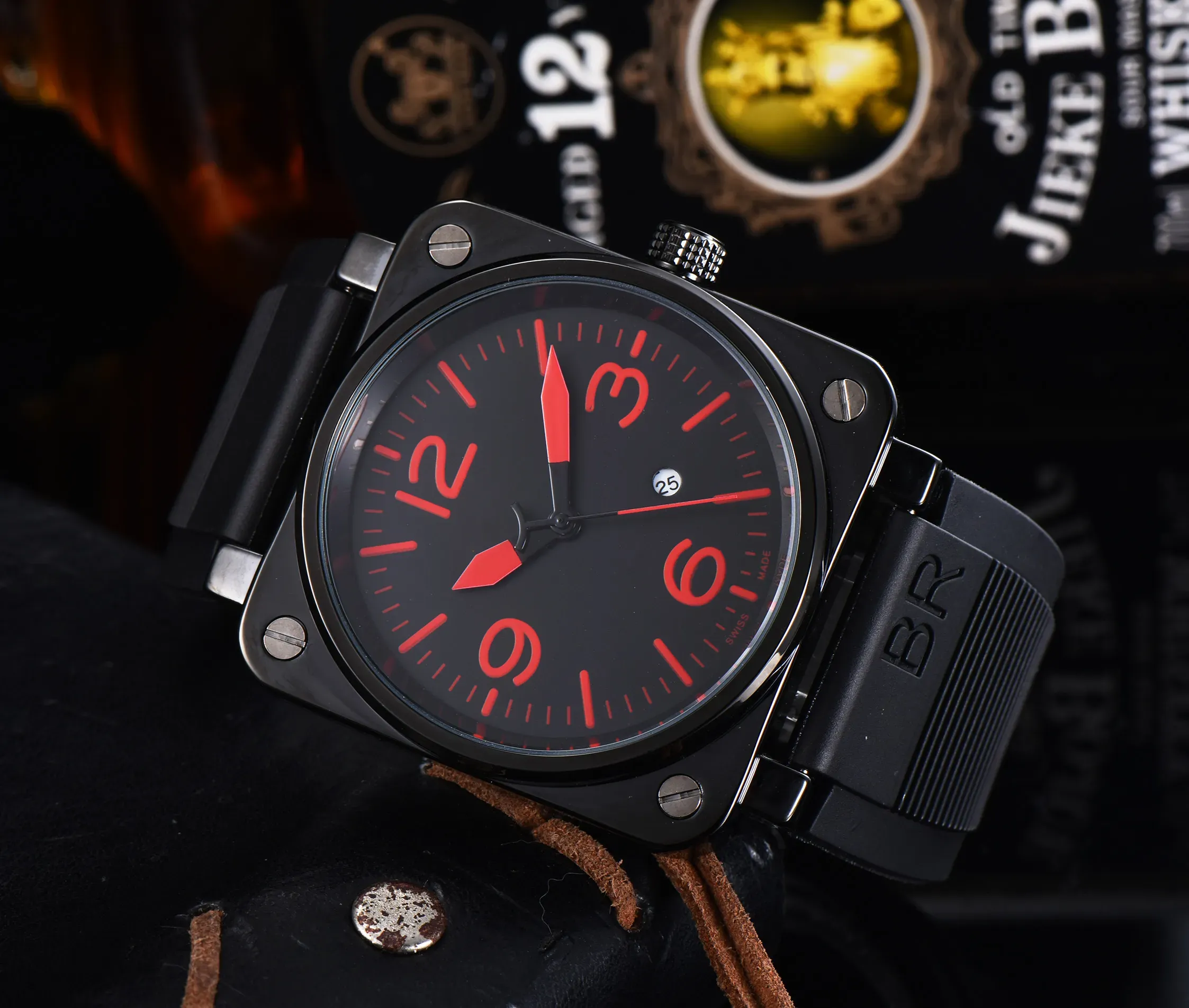 2023 Mens Br Model Sport Rubber Strap Quartz Bell Multifunction Watch Business Stainless Steel Man Ross Square Men Wristwatches