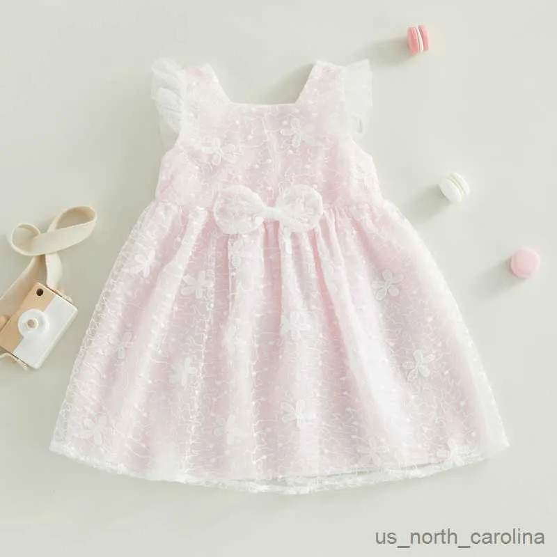 Girl's Jurken Summer Girls Dress 2023 Nieuwe baby mouwloze roze mesh vlinder prinses jurk meisje verjaardags huwelijk feest R230815