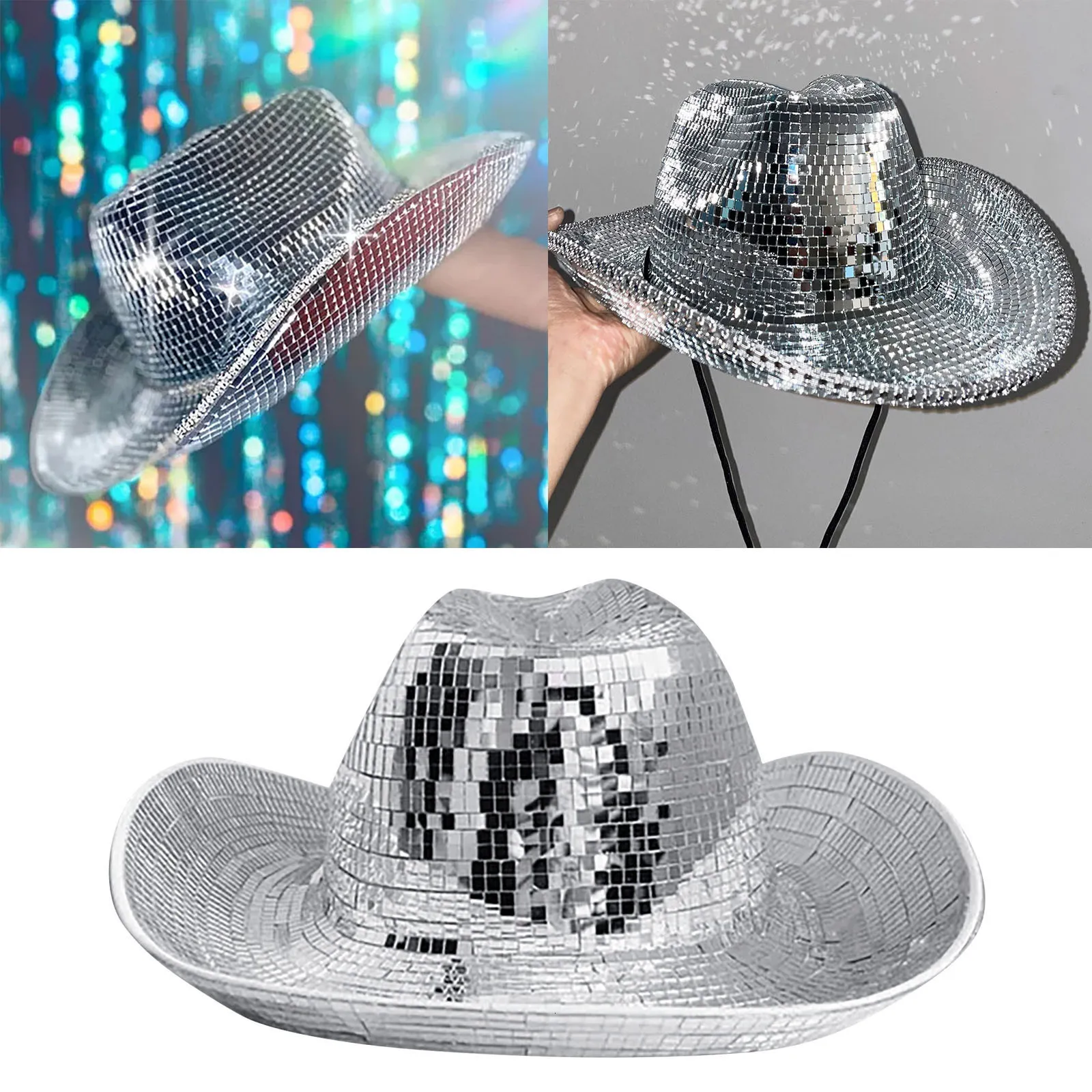 Party Hats Retro Ball Cowboy Hat Glitter Mirror Glass Disco Ball Hat Classic Glitter Ball Disco Fashion Ball Hat For Cowboy Cowgirl 230814