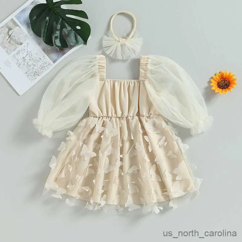 Mädchenkleider Kinder Mädchen Stück Kleid Outfits Schmetterling Prinzessin Kleid Langarm A-Linie Kleid und Stirnband für Party süße Kleidung R230815