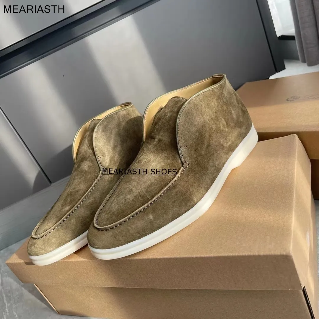 Jurk schoenen suede high top heren loafers platte schoenen rond teen slip op causale mocassins rijschoenen open walk schoenen vrouwen korte enkel laarzen 230814