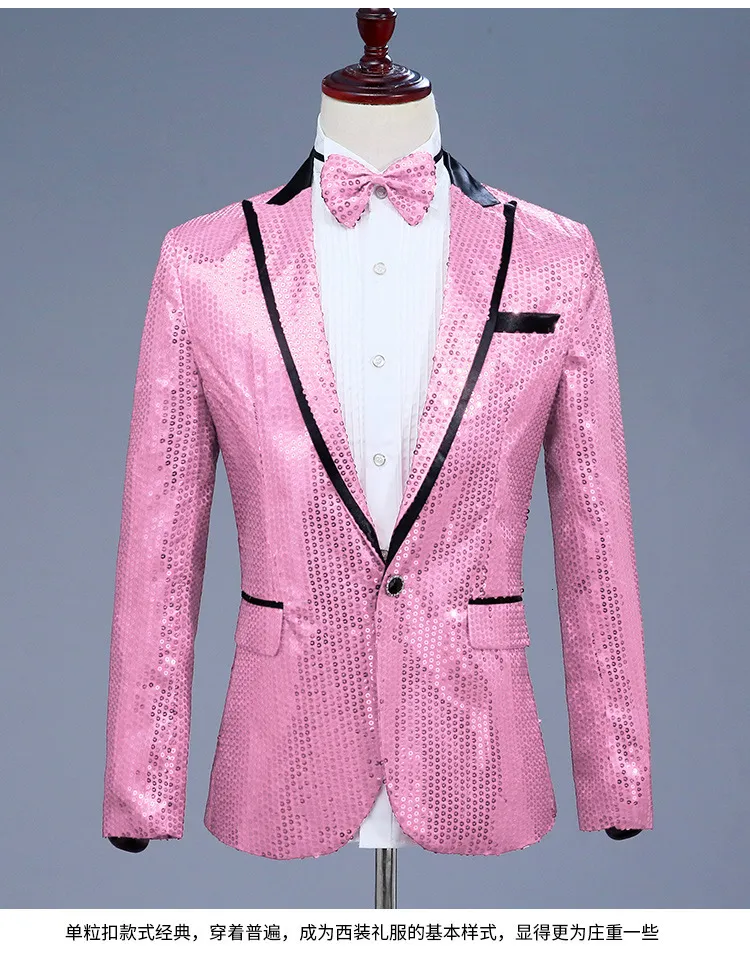 Abiti da uomo Blazer rosa con paillettes Abito con un bottone Marca Nightclub Prom Giacca da uomo Giacca da matrimonio Cantante Costume Papillon Include 230815