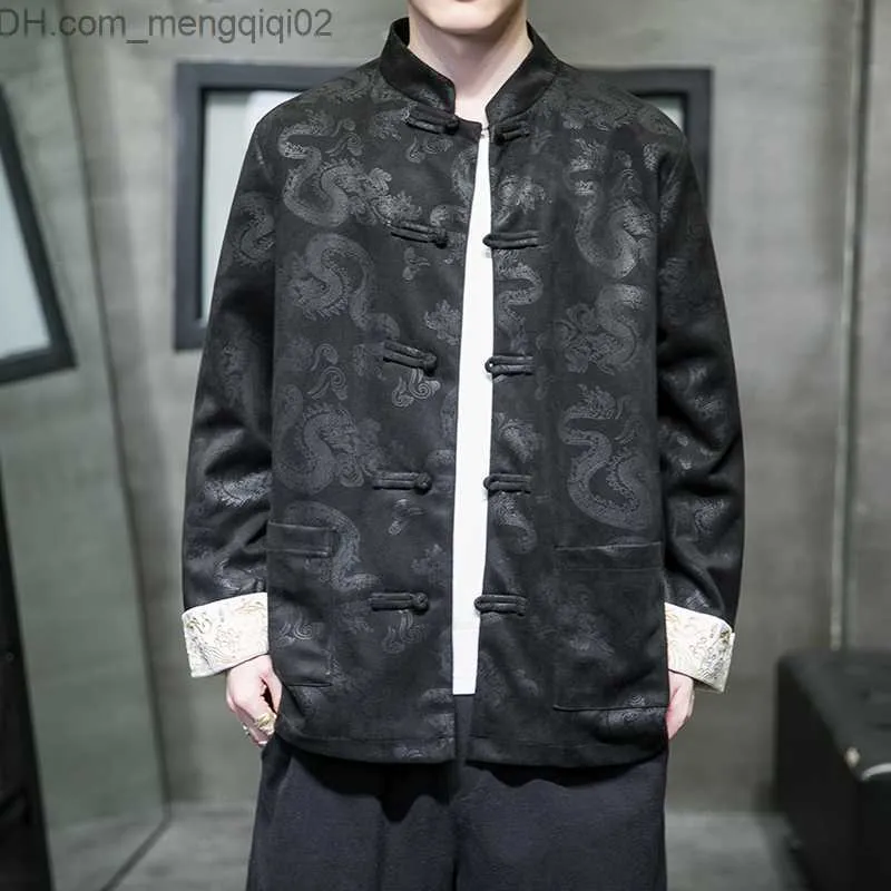 Мужские куртки китайский традиционный оленя золотой бархатный бархатный куртка кнопка Мужская осень и зимняя модная бренда мода Retro Han Element Tang костюм Z230816