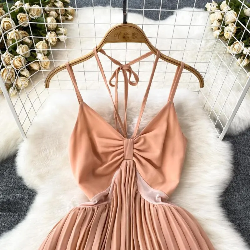 Frenchic Maxi Dress for Women - V-Neck, Spaghetti Straps, Halter Neck, Pleated Design, Backless - Perfect for Casual Evening Wear and Female Pleats