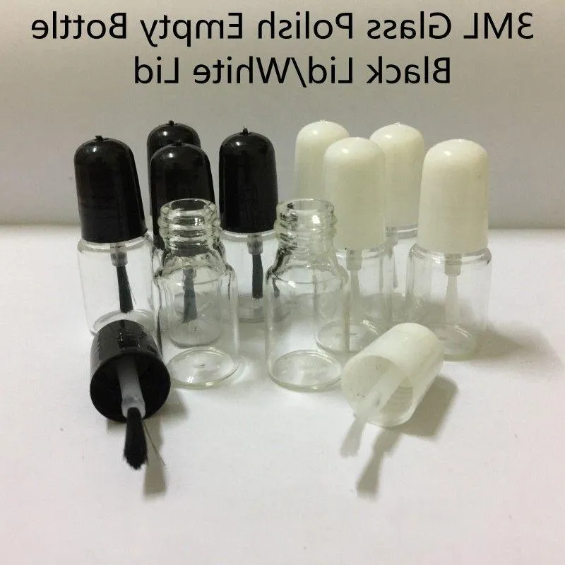 3ml Mini Glass Polish Empty Bottle With Brush Black/White Lid 16*42MM Round Clear Cosmetic Cosmetic Nail Polish Sample Containers Tube Xbfxi