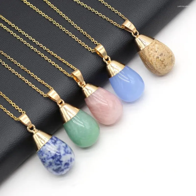 Pendant Necklaces 6 PCS Wholesale Natural Stone Necklace Droplet Shape Green Aventrine Amethyst Jade Exquisite Jewelry Accessorie